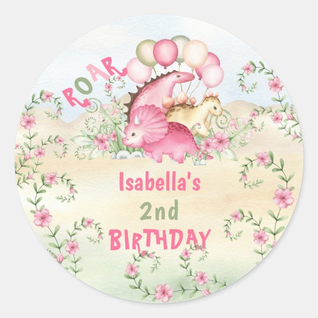 Dinosaur Girl Pink Pastel Cute Floral 2nd Birthday Classic Round Sticker (Front)