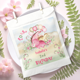 Dinosaur Girl Pink Pastel Cute Floral 2nd Birthday Favour Bags