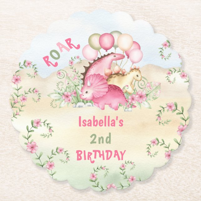Dinosaur Girl Pink Pastel Cute Floral 2nd Birthday Paper Coaster (Front)