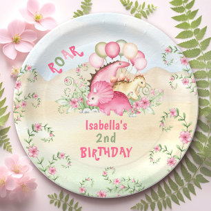 Dinosaur Girl Pink Pastel Cute Floral 2nd Birthday Paper Plate
