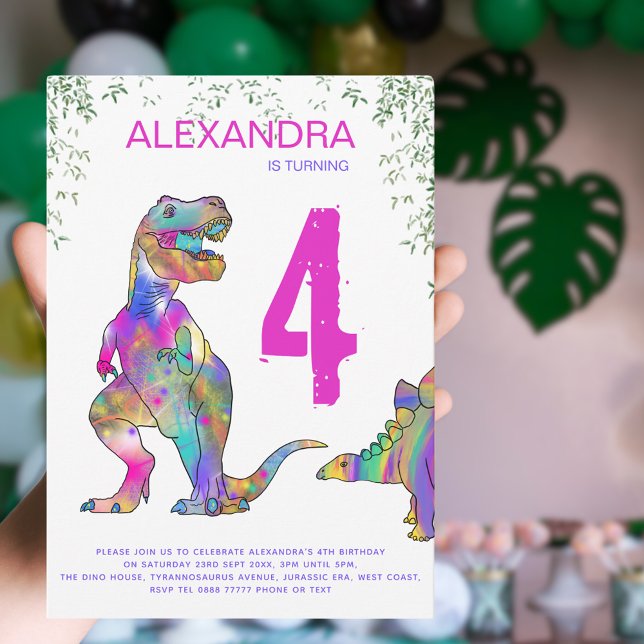 Dinosaur Girl’s Birthday Party Invitation (Colorful dinosaur 4th birthday party invitation with modern pink typography )