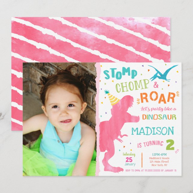 Dinosaur Girl T-rex Birthday Invitation (Front/Back)