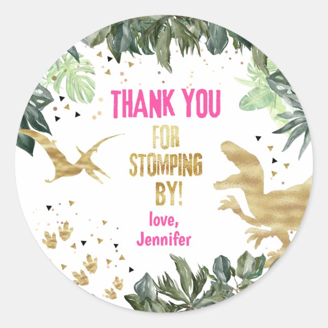 Dinosaur Girl Thank You Stomping By  Classic Round Sticker (Front)
