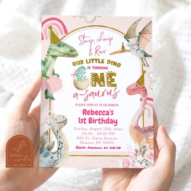 Dinosaur Girl Turning One A-Saurus 1st Birthday Invitation (Creator Uploaded)