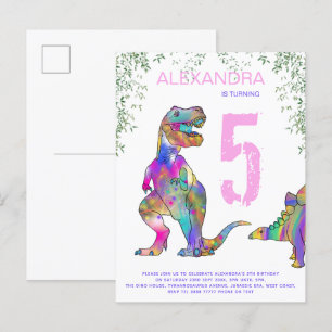 Dinosaur Girls 5th Birthday Party pink budget Invitation Postcard