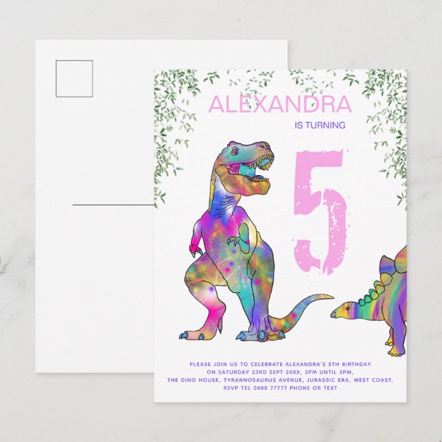 Dinosaur Girls 5th Birthday Party pink budget Invitation Postcard (Front/Back)