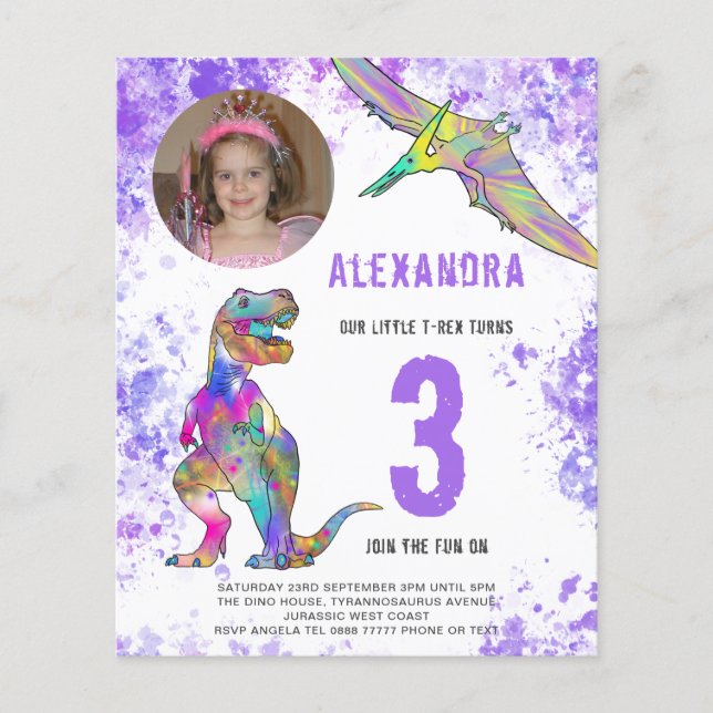 Dinosaur Girls Birthday Party Photo Budget Flyer (Front)