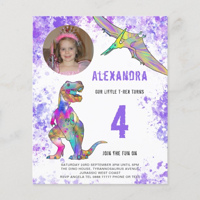 Dinosaur Girls Birthday Party Photo Budget Flyer (Front)