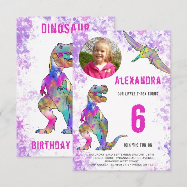 Dinosaur Girls Birthday Party Photo Invitation (Front/Back)