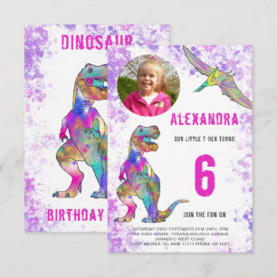 Dinosaur Girls Birthday Party Photo Invitation