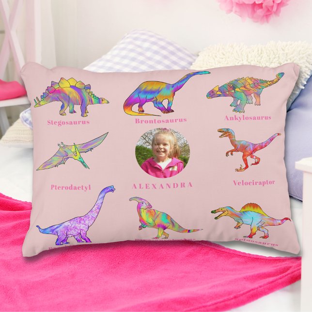 Dinosaur Girls Personalised Name and Photo Decorative Cushion (Colorful dinosaur girls personalized name and photo pink pillow)