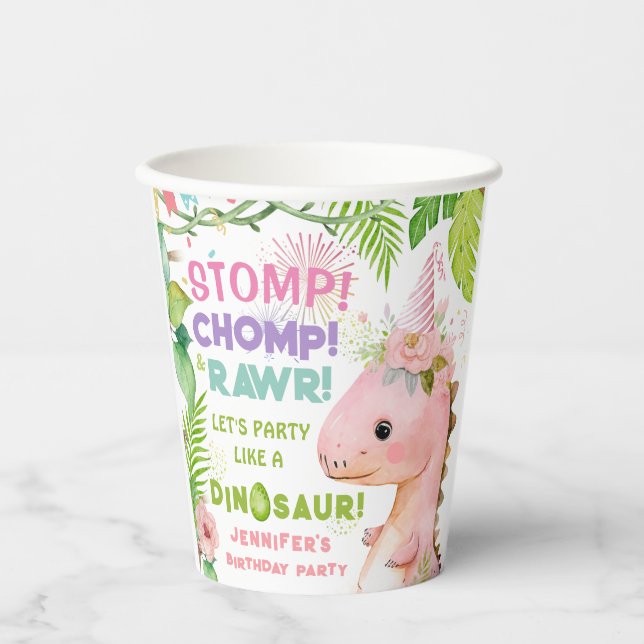 Dinosaur Girls Pink Birthday Party Paper cup (Front)
