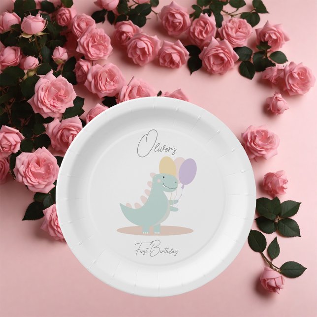 Dinosaur Girly Pink Blue Lilac Birthday Party Paper Plate (Creator Uploaded)