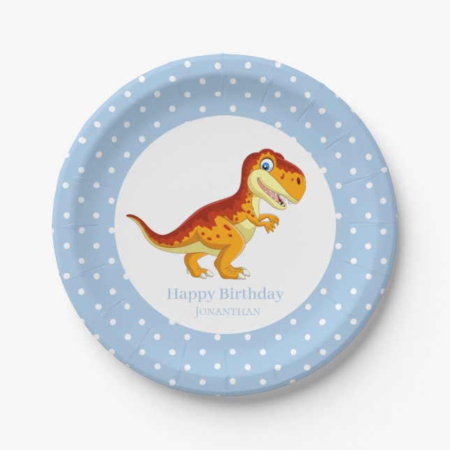 Dinosaur Gold T Rex  Blue Boy Party   Paper Plate (Front)