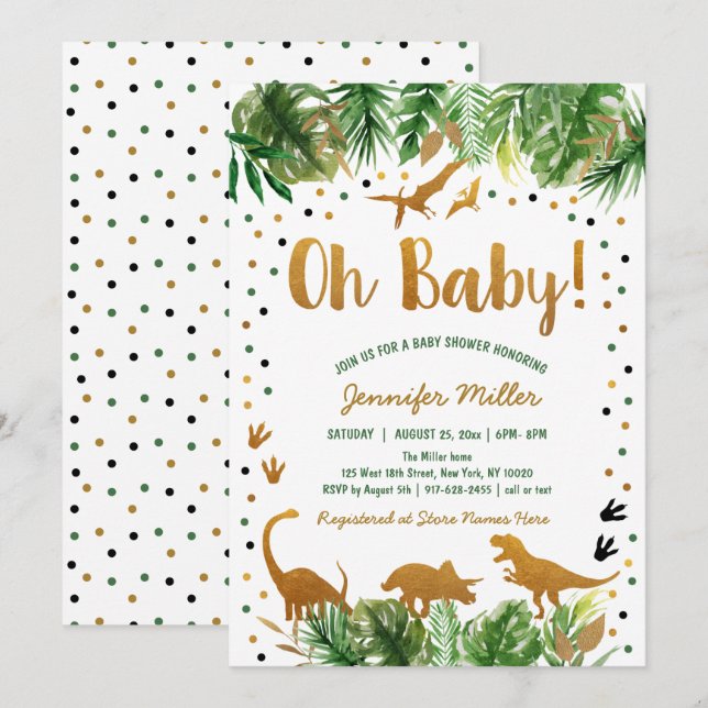 Dinosaur Green Gold Safari Baby Shower Invitation (Front/Back)