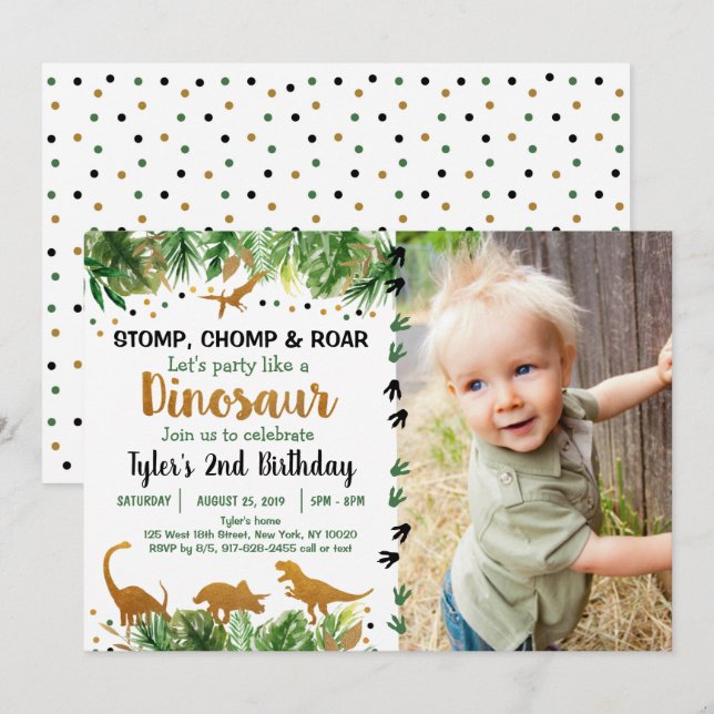 Dinosaur Green & Gold Safari Birthday Invitation (Front/Back)