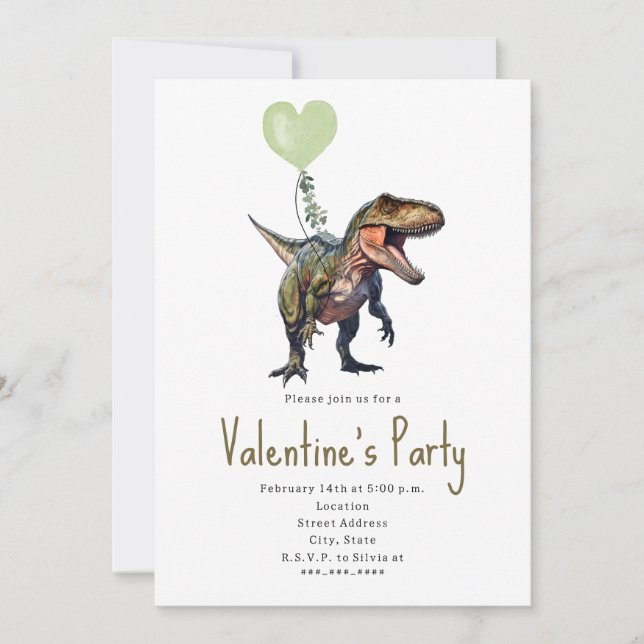 Dinosaur Green Heart Valentine's Party Invitation (Front)
