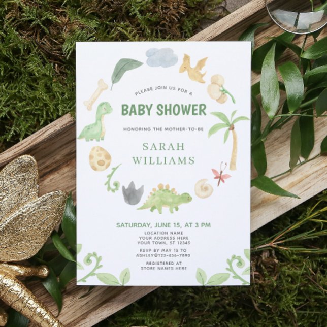 Dinosaur Green Watercolor Wreath Baby Shower Invitation (Get ready for a Jurassic celebration with our adorable dinosaur baby shower invitations! 🦕)