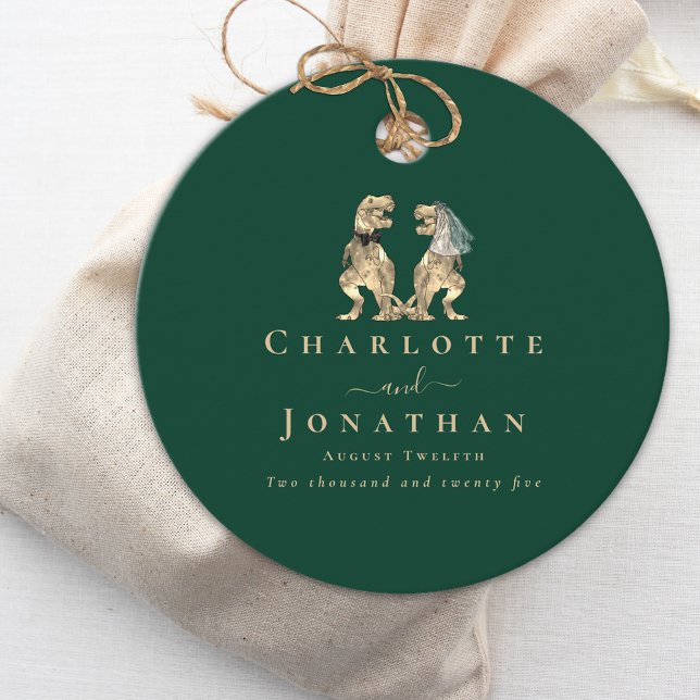 Dinosaur Green Wedding Custom Favour Tags (Dinosaur wedding dark green custom favor tag T-Rex dino bride and groom elegant modern typography )