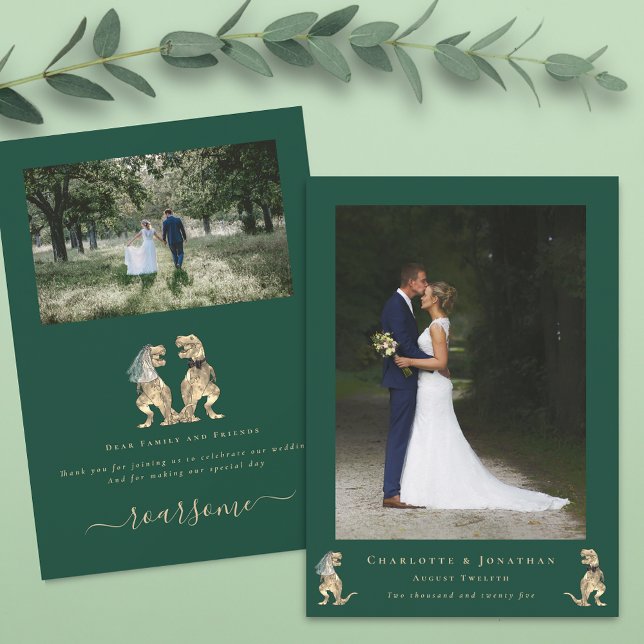 Dinosaur Green Wedding Photo Thank You (Dinosaur wedding photo thank you card funny T-Rex dino bride & groom elegant modern script green)