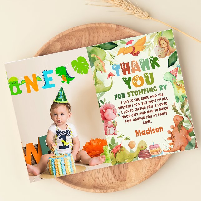 Dinosaur Greenery Birthday Photo Thank You Card (Creator Uploaded)