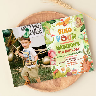 Dinosaur Greenery Dino Four 4th Birthday Photo Invitation