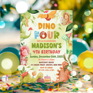 Dinosaur Greenery Dino Four T Rex 4th Birthday Invitation