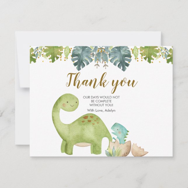 Dinosaur Greenery Floral Thank You Card (Front)