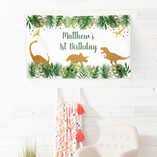 Dinosaur Greenery Gold Birthday Banner (Insitu)