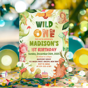 Dinosaur Greenery Wild One 1st Birthday Party Invitation