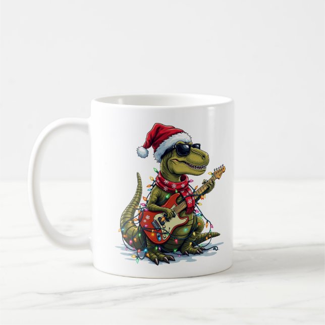 Dinosaur Guitar Player Xmas Coffee Mug (Left)