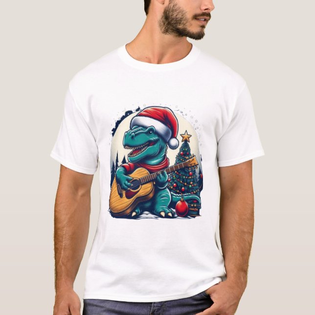 Dinosaur Guitar Player Xmas Funny day T-Shirt (Front)