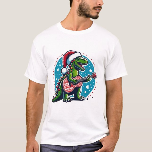 Dinosaur Guitar Player Xmas Funny day T-Shirt (Front)