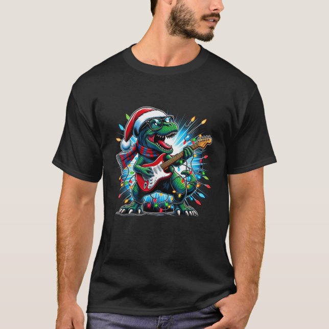 Dinosaur Guitar Player Xmas Funny Trex Dinosaur Ch T-Shirt (Front)