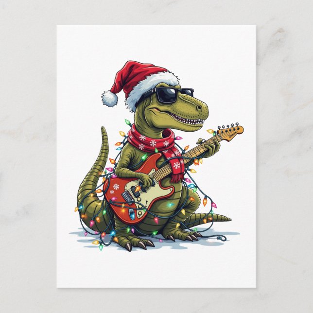 Dinosaur Guitar Player Xmas Holiday Postcard (Front)