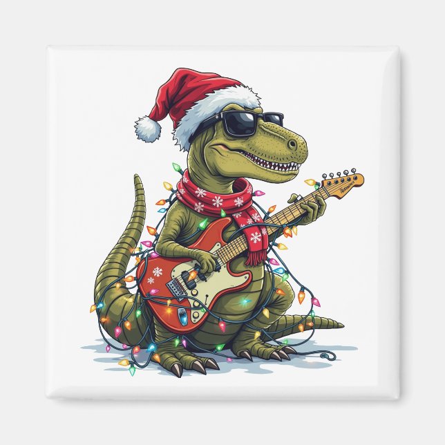 Dinosaur Guitar Player Xmas Magnet (Front)