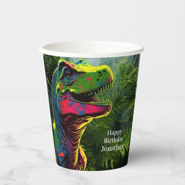 Dinosaur Happy Birthday Jungle Pink Paper Cups (Front)