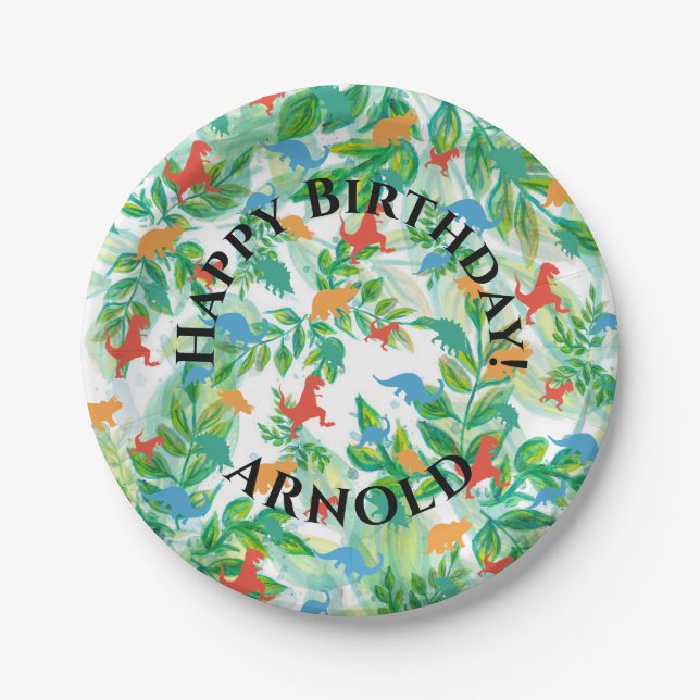 Dinosaur Happy birthday Jurassic Jungle Paper Plate (Front)
