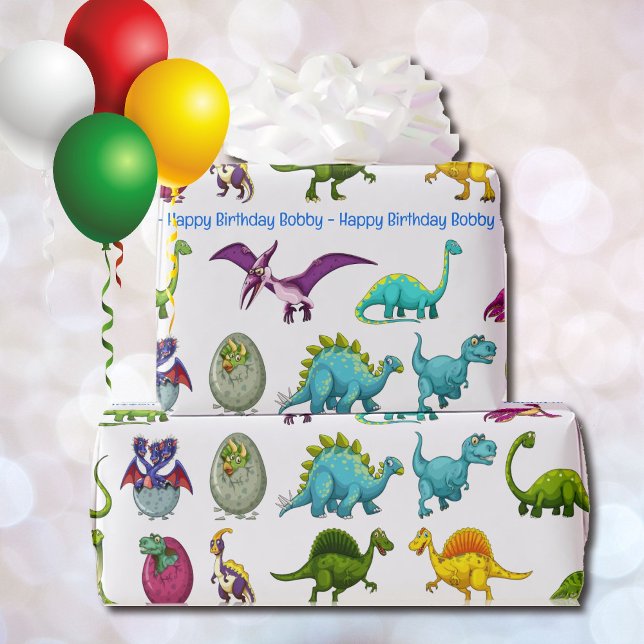 Dinosaur Happy Birthday Personalise Name Wrapping Paper (Creator Uploaded)