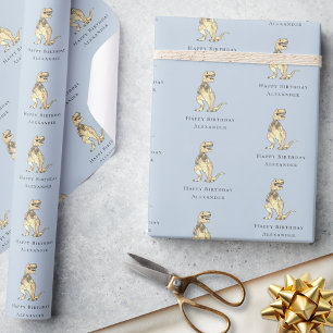 Dinosaur Happy Birthday Personalised Blue Wrapping Paper