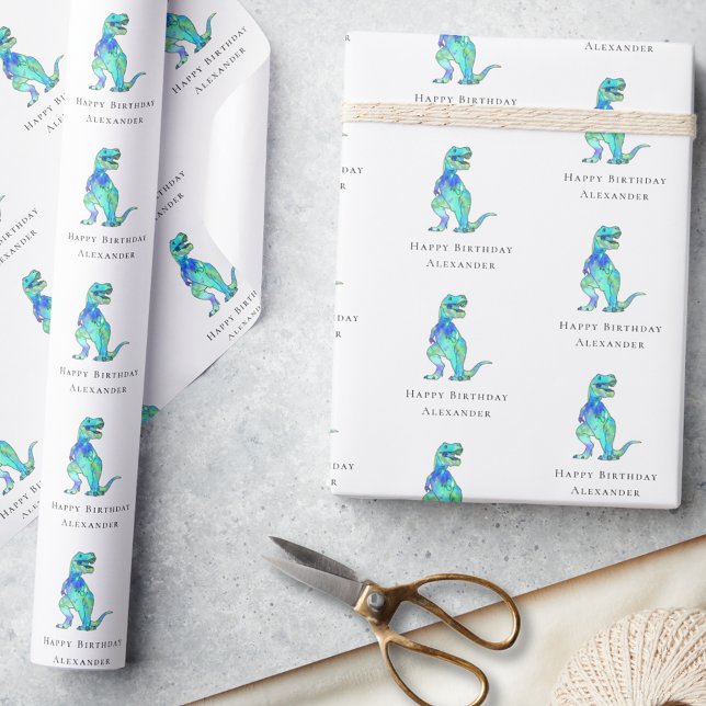 Dinosaur Happy Birthday Personalised Boy Name Wrapping Paper (dinosaur happy birthday personalized boy name modern gift wrapping paper colorful watercolor T-Rex)