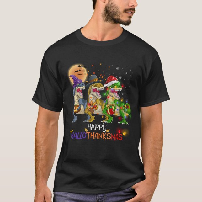 Dinosaur Happy HalloThanksMas T Rex T-Shirt (Front)