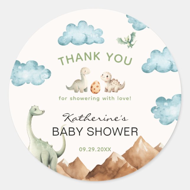 Dinosaur Hatching Soon Baby Shower Thank You Classic Round Sticker (Front)