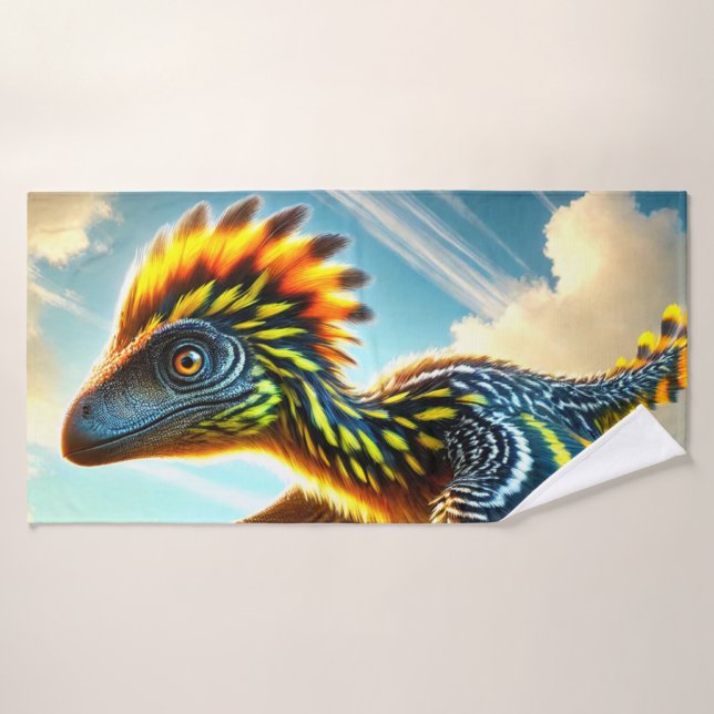 Dinosaur Head Portrait Vivid Feathered Art Bath Towel (Bath Towel)