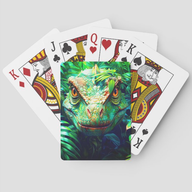 Dinosaur Head Striking Tropical Jungle Portrait Playing Cards (Back)