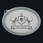 Dinosaur Heraldry - Belt Buckle<br><div class="desc">A dinosaur heraldic blazon depicting a triceratops inside a shield supported by two velociraptors. In the ribbon there are also the sayings: old school.</div>