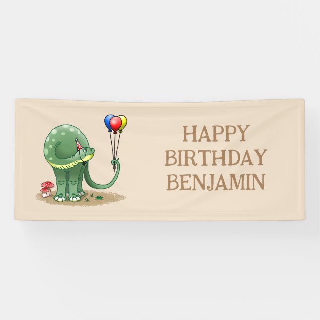 Dinosaur holding Balloons Birthday Banner (Horizontal)