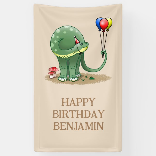 Dinosaur holding Balloons Birthday Banner (Vertical)