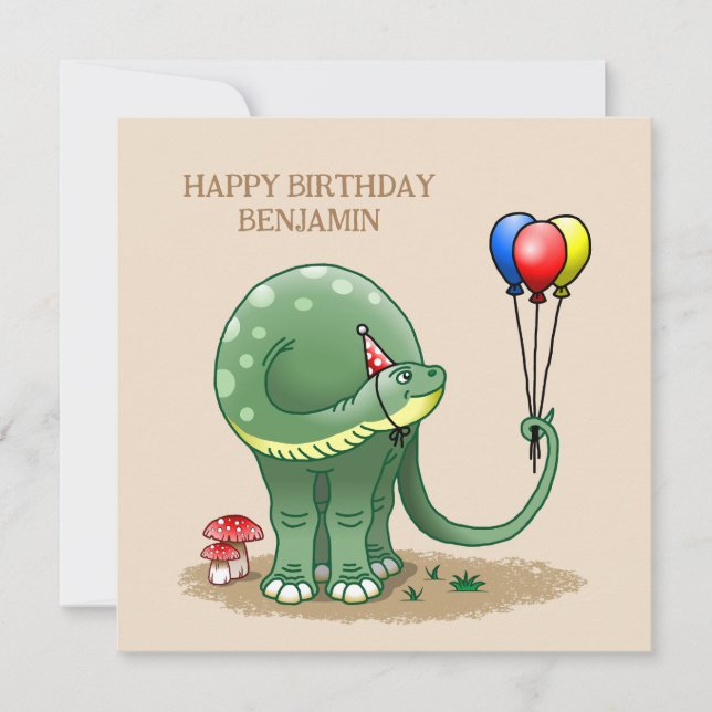 Dinosaur holding Balloons Birthday Card (Front)