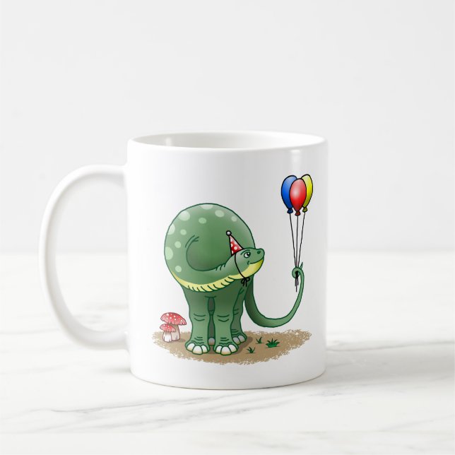 Dinosaur holding Balloons Birthday Coffee Mug (Left)